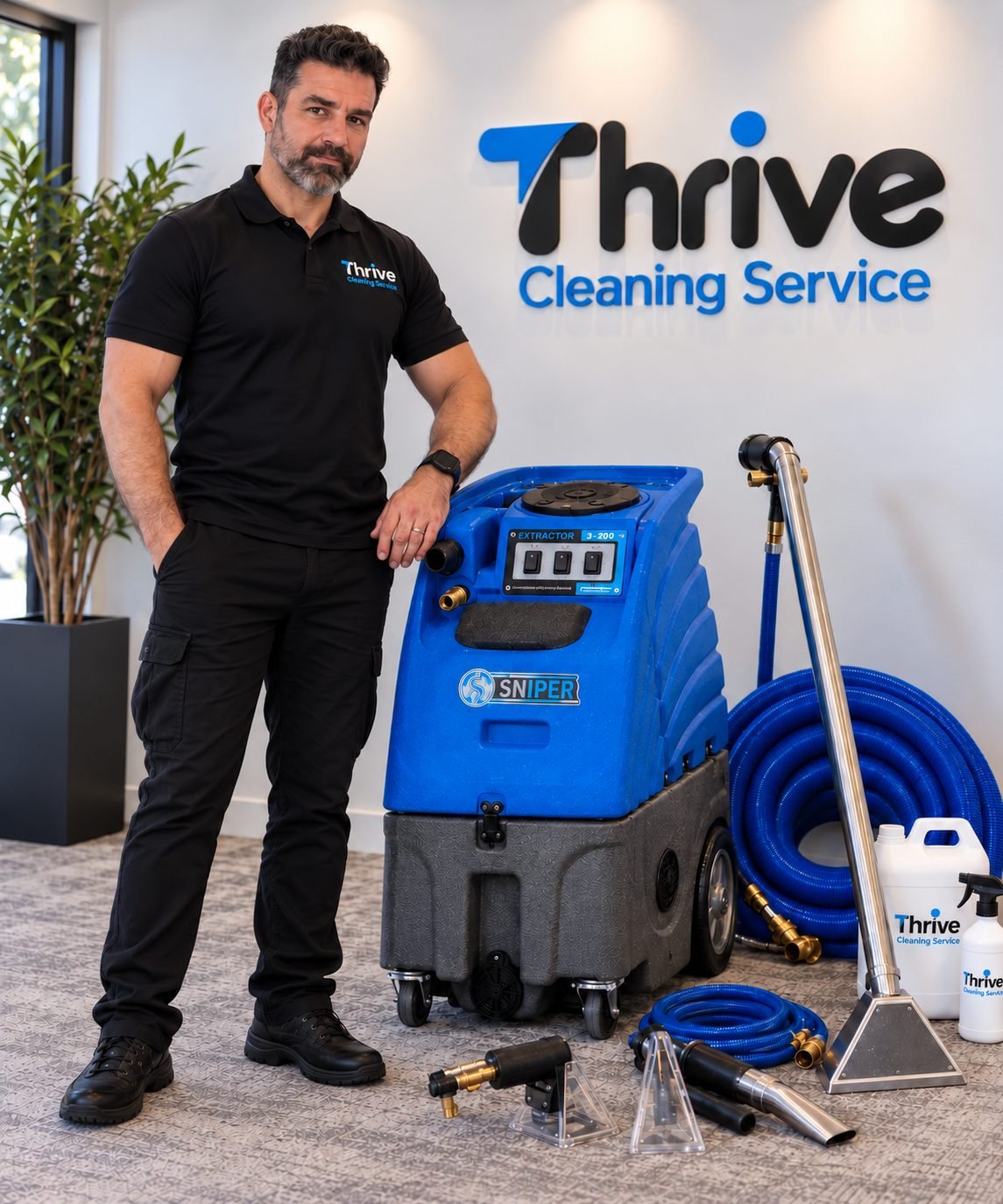 Mauro de Oliveira, owner of Thrive Cleaning Service, with his professional carpet extraction equipment
