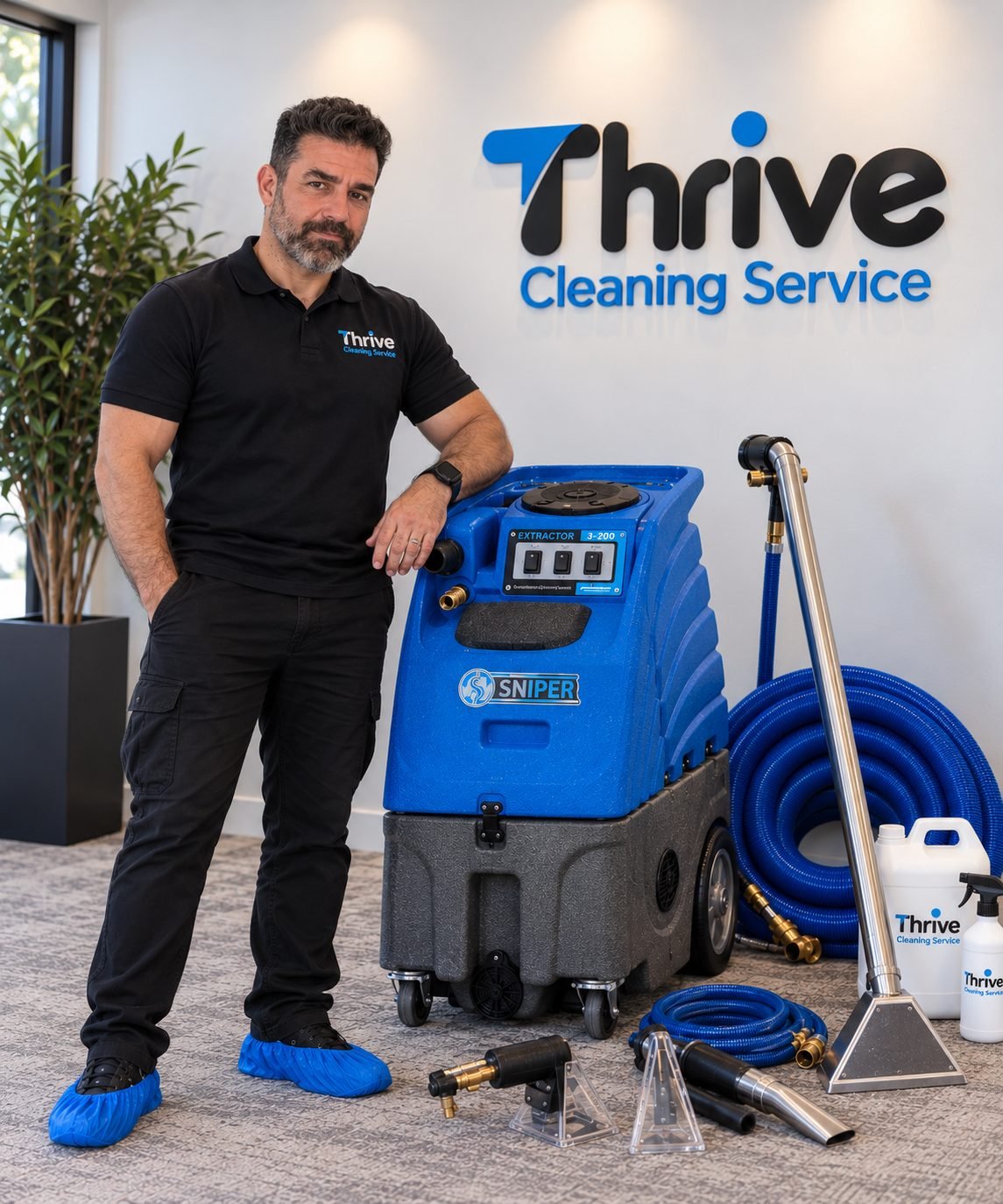 Mauro de Oliveira, owner of Thrive Cleaning Service, with his professional carpet extraction equipment