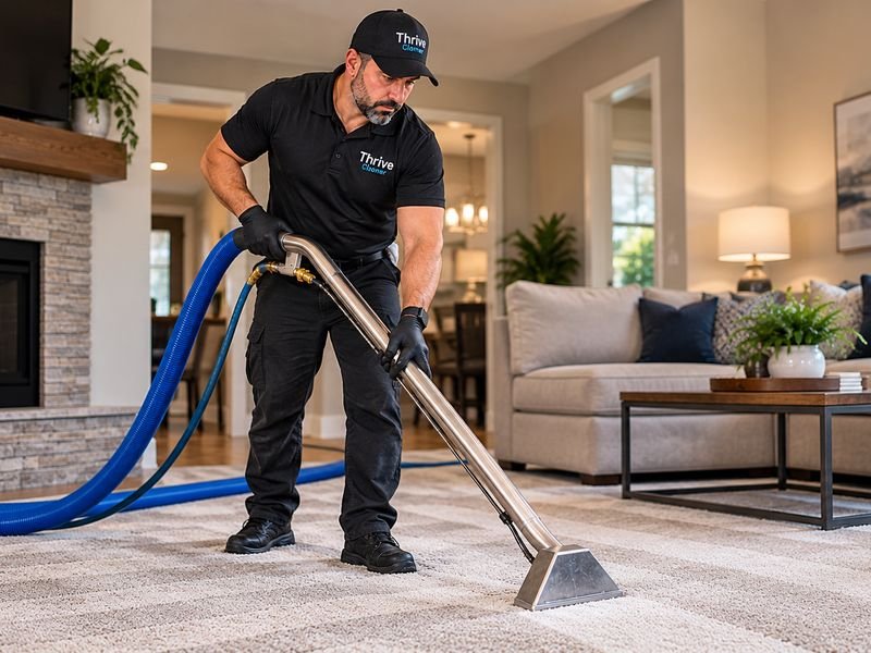 Thrive Cleaner technician deep cleaning a living room carpet with a hot-water extraction wand